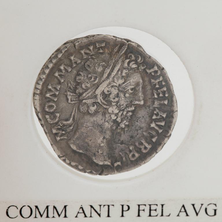 MYNT, silverdenar, Commodus, 179-192 e. Kr. Vikt ca 3 gram.