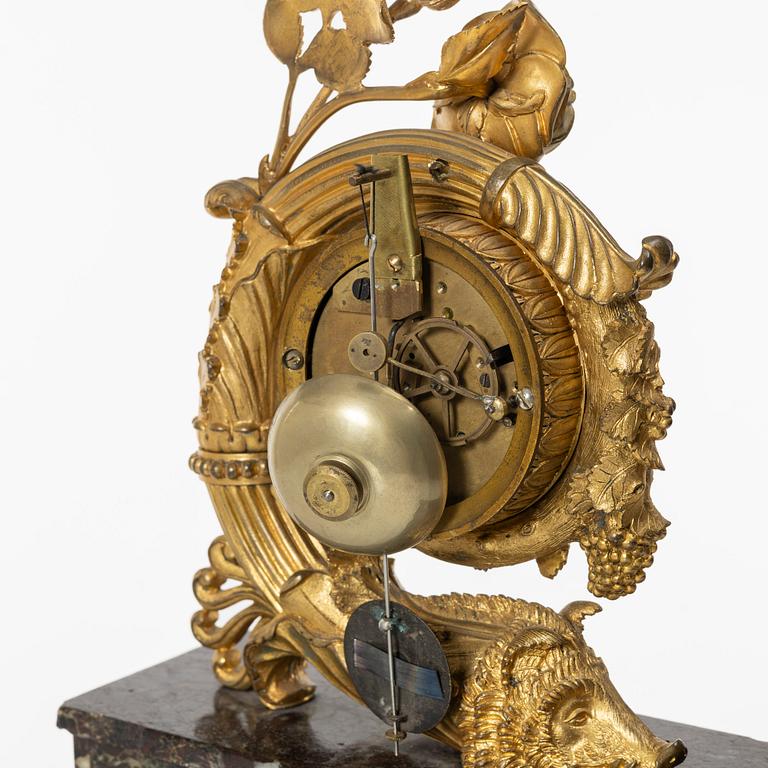 A presumably French Empire-style gilt bronze and marble mantel clock, later part 19th century.