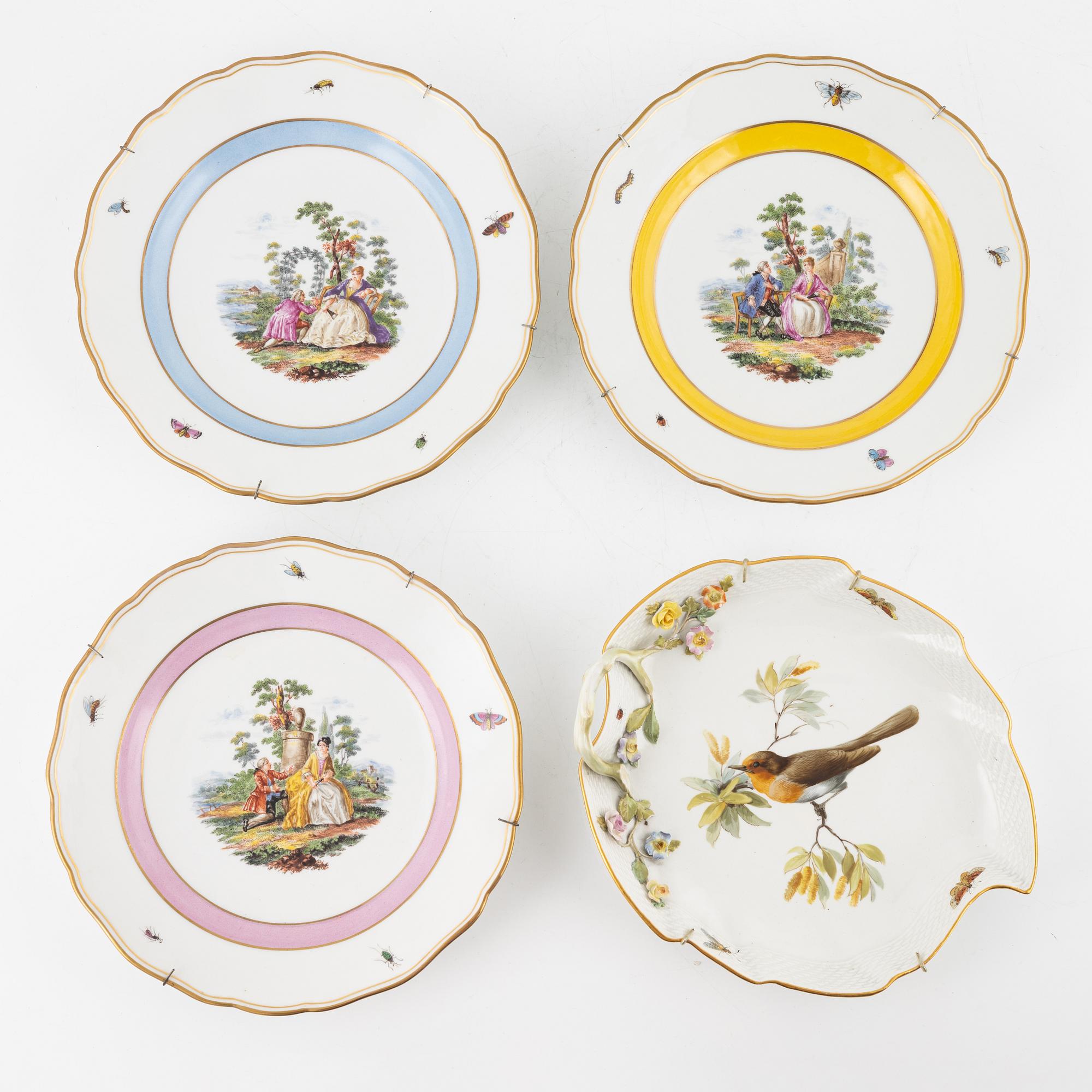 Three porcelain plates and a dish, Meissen, early 20th Century.