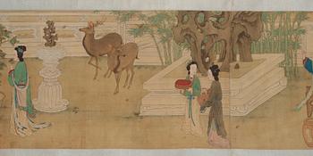 A fine painting of 100 ladies and attendants in a palace garden, and with calligraphy, late Qing dynasty (1644-1912).