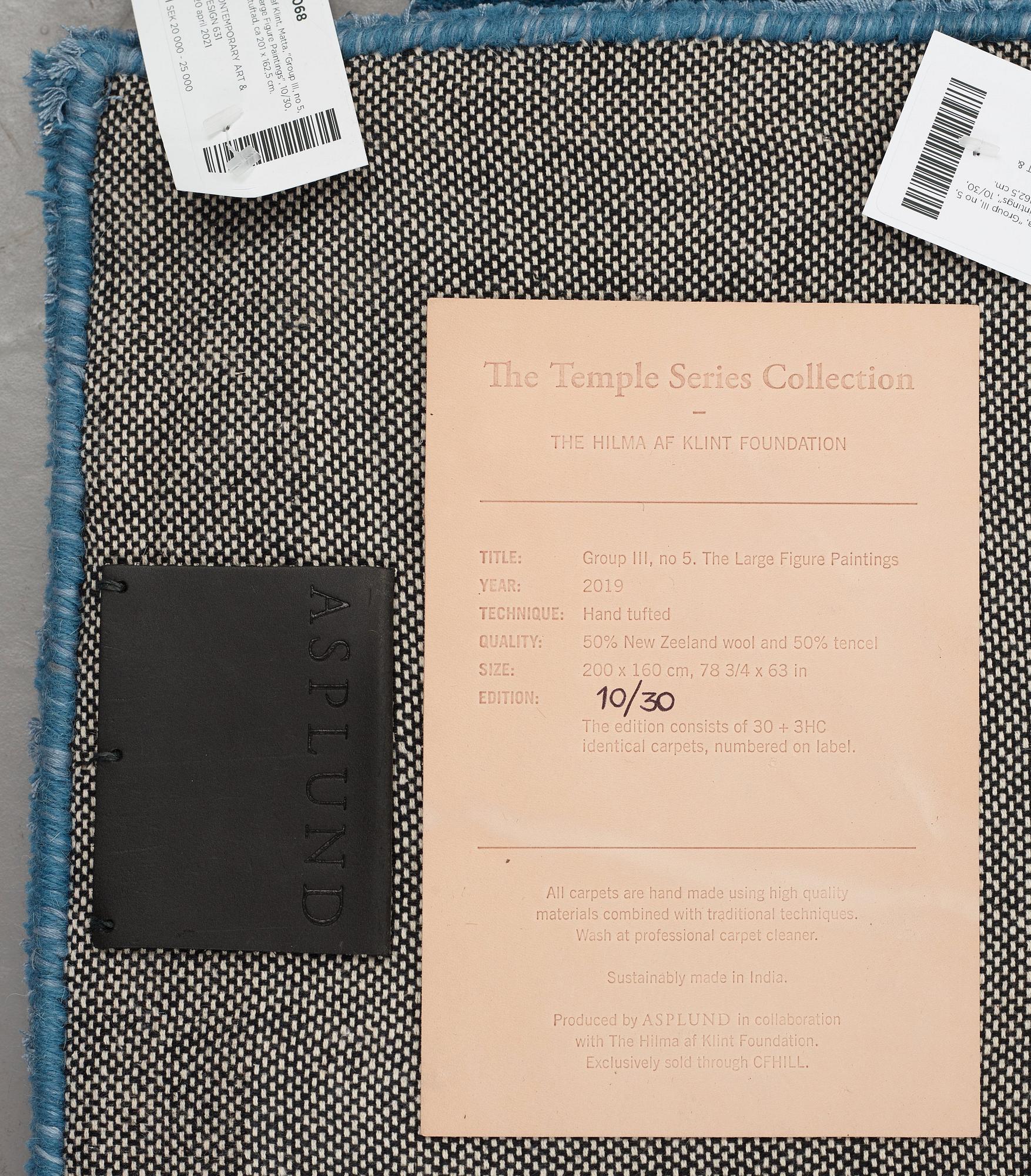 Hilma af Klint, a carpet, "Group III, no 5, The Large Figure Paintings", 10/30, hand tufted, ca 201 x 162,5 cm.