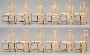 Twelve chairs (4 and 8 matched), Swedish Rococo, 18th century.