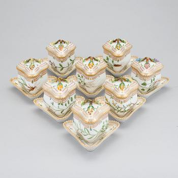 410. A set of 8 triangular Royal Copenhagen 'Flora Danica' custard cups with stands, Denmark, 20th Century.