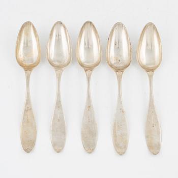 A set of five silver dining spoons, mark of Bengt Tornberg, Linköping 1828.