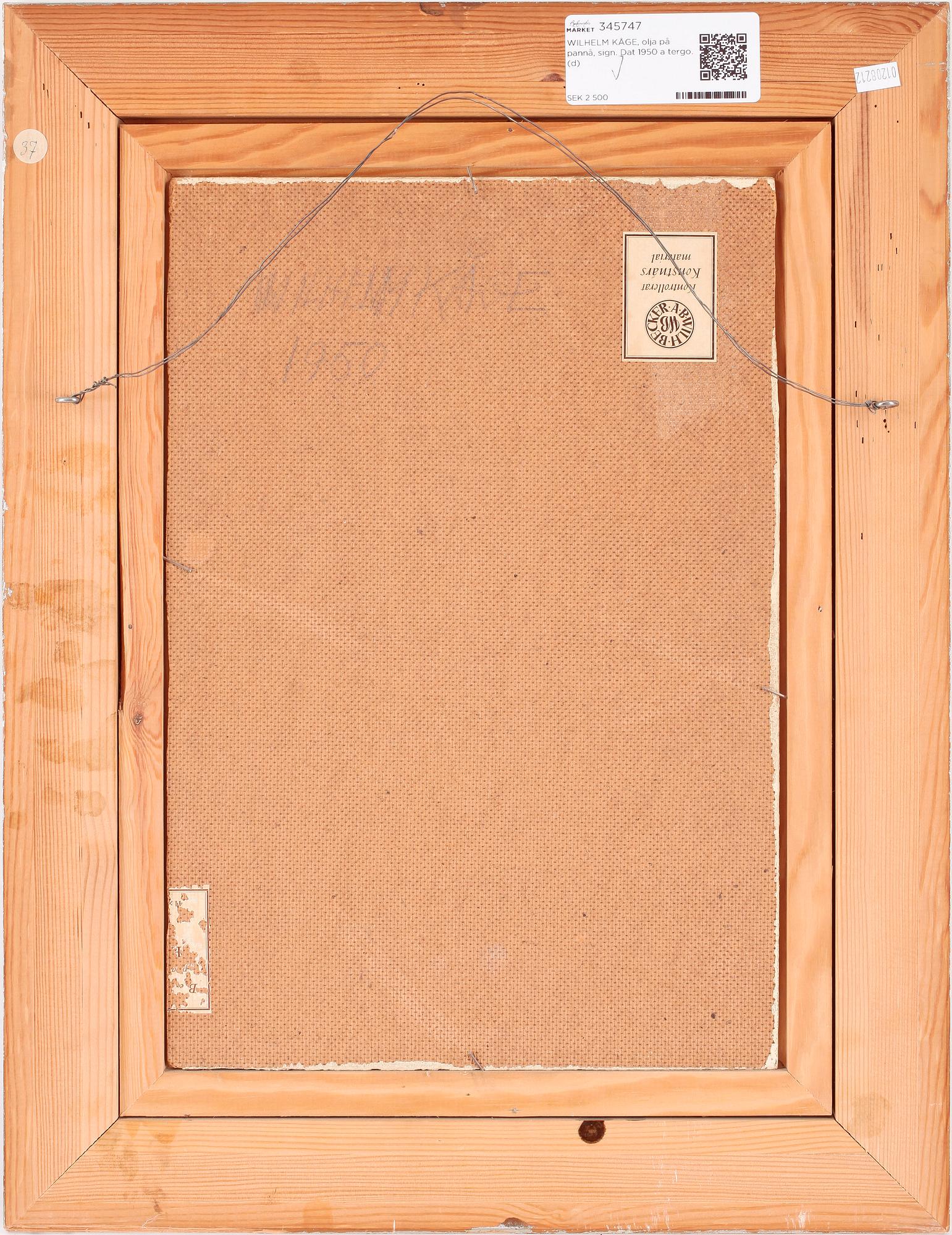 WILHELM KÅGE, olja på pannå, sign. Dat 1950 a tergo.