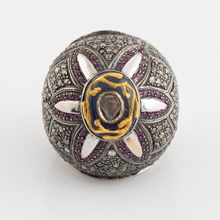 Flat cut diamond, rose cut diamonds, sapphire and ruby ring.