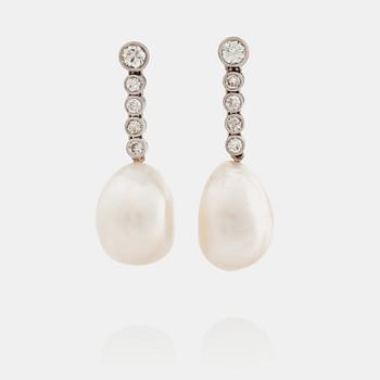 580. A pair of probably natural pearl and diamond earrings. Total carat weight of diamonds circa 0.54 ct.