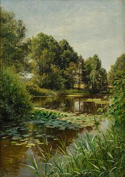 587. Peder Mork Mönsted, Summer landscape with water lilies on a still waterway.