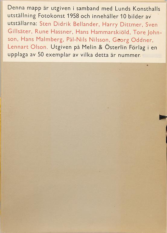 FOTOMAPP, 10 fotografier, "Fotokonst  1958" 50 ex. Lunds Konsthall. Melin & Österlin Förlag.
