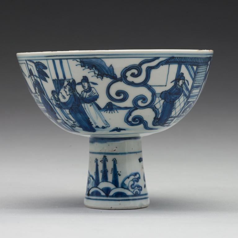 A blue and white stemcup, Ming dynasty (1368-1644).