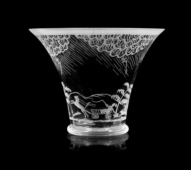 An Edward Hald engraved glass bowl "Åskväder", Orrefors 1974.