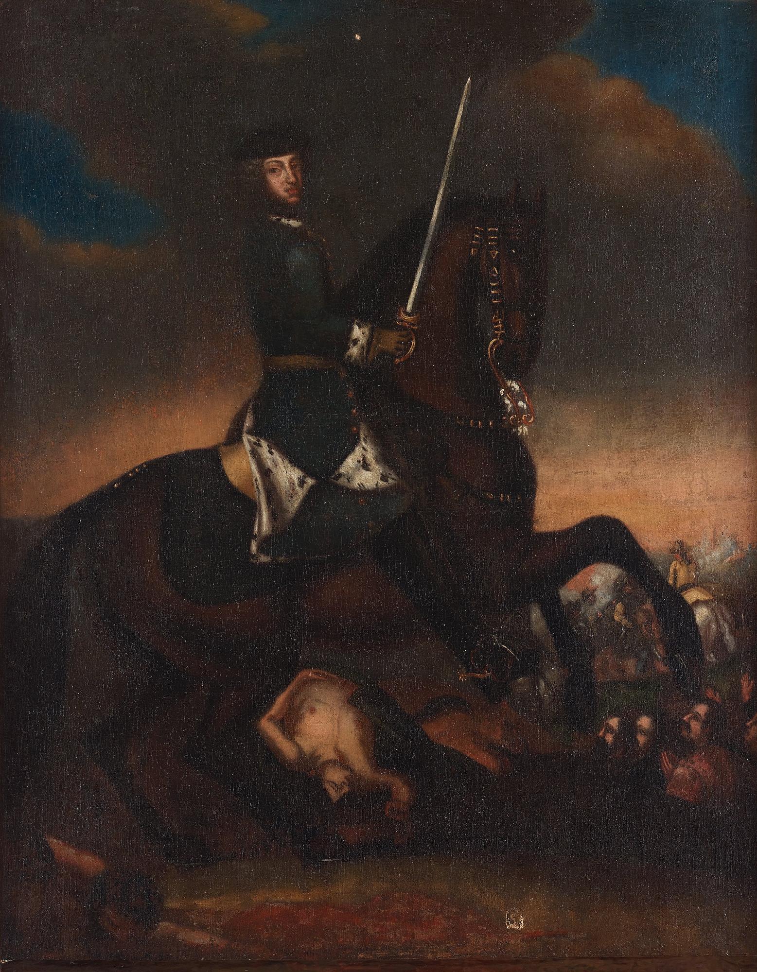 David von Krafft Circle of, King Karl XII on horse back at the battle of Narva 1700.