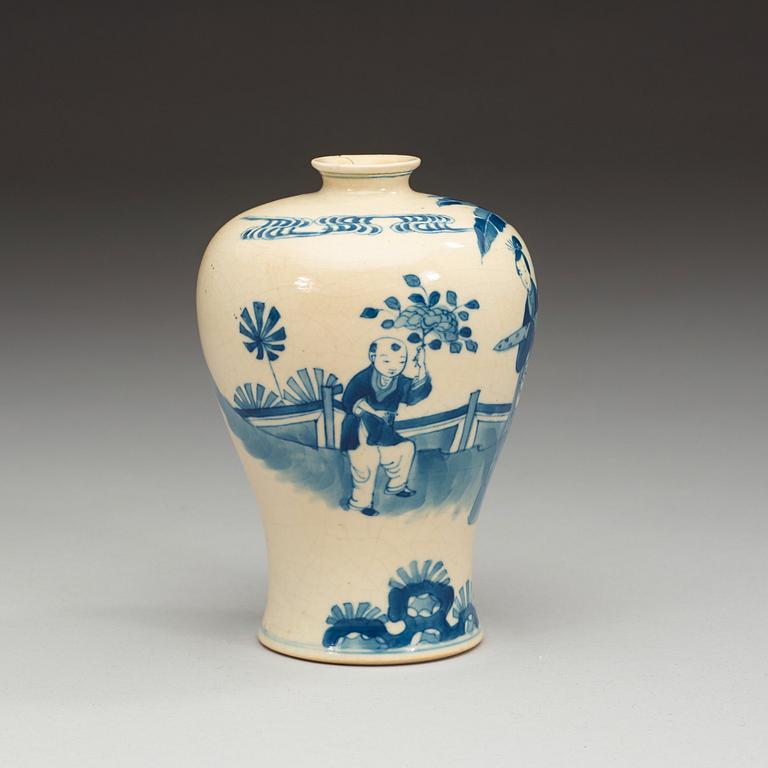 A blue and white soft paste meiping vase, late Qing dynasty (1644-1912), with Kangxi six character mark.