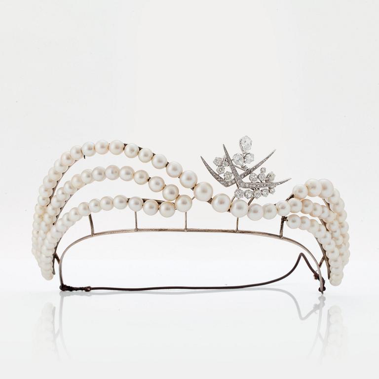 A TIARA with cultured pearls and a detachable brooch set with old-cut diamonds.