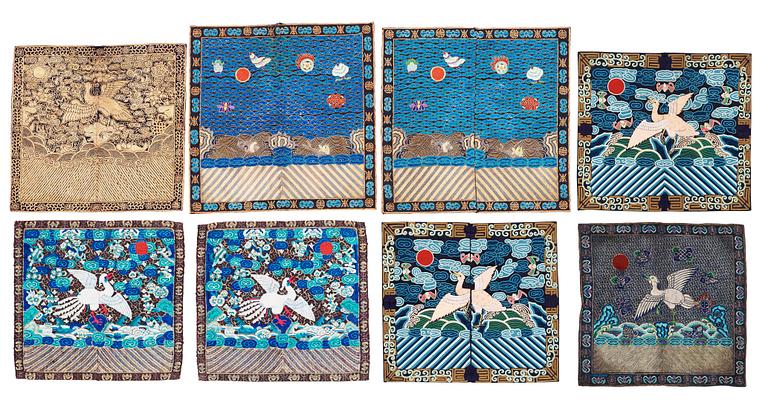 RANK BADGES, 8 pieces, silk, so called Buzis. Around 28-33 x 29,5-33,5 cm each. China around 1900.