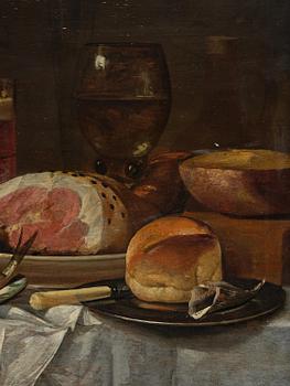 Vincent Laurensz. van der Vinne, Still life with fish, ham, bread, cherries, and glass.