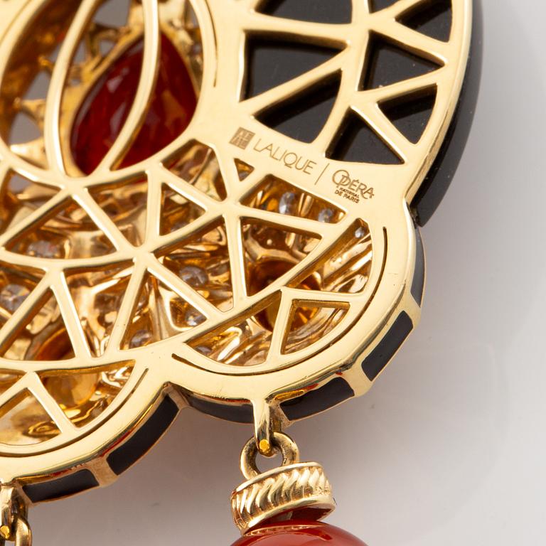 Lalique, necklace, "L'Oiseau de Feu", 18K gold with fire opal, sapphires, and diamonds on black jade.