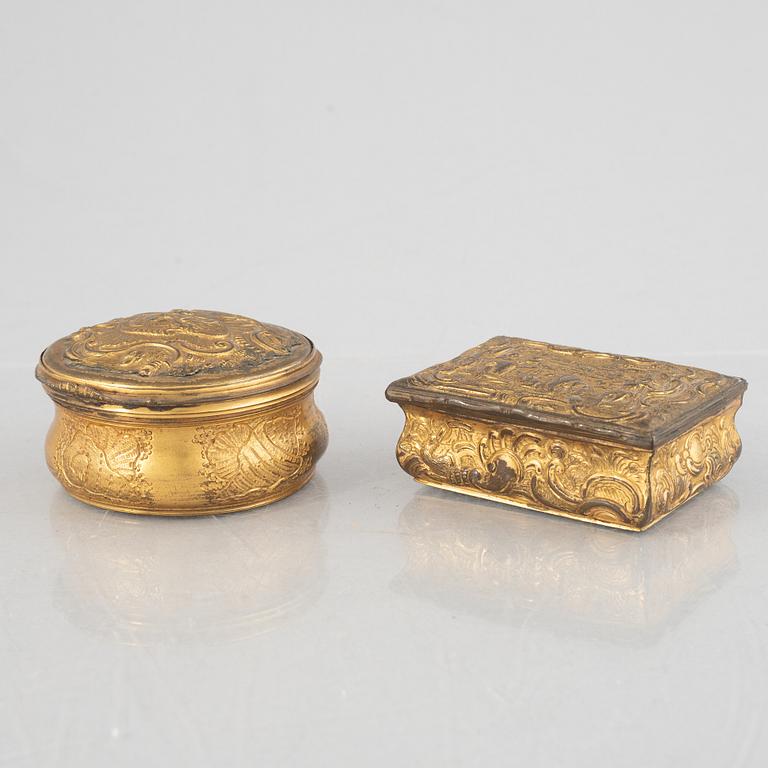 Two Louis XV gilt copper snuff boxes, later part 18th century.