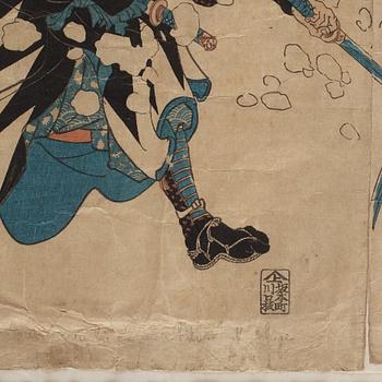 UTAGAWA KUNIYOSHI (1797/98-1861), triptyk, färgträsnitt. Japan, "Stories of the True Loyalty of the Faithful Samurai".