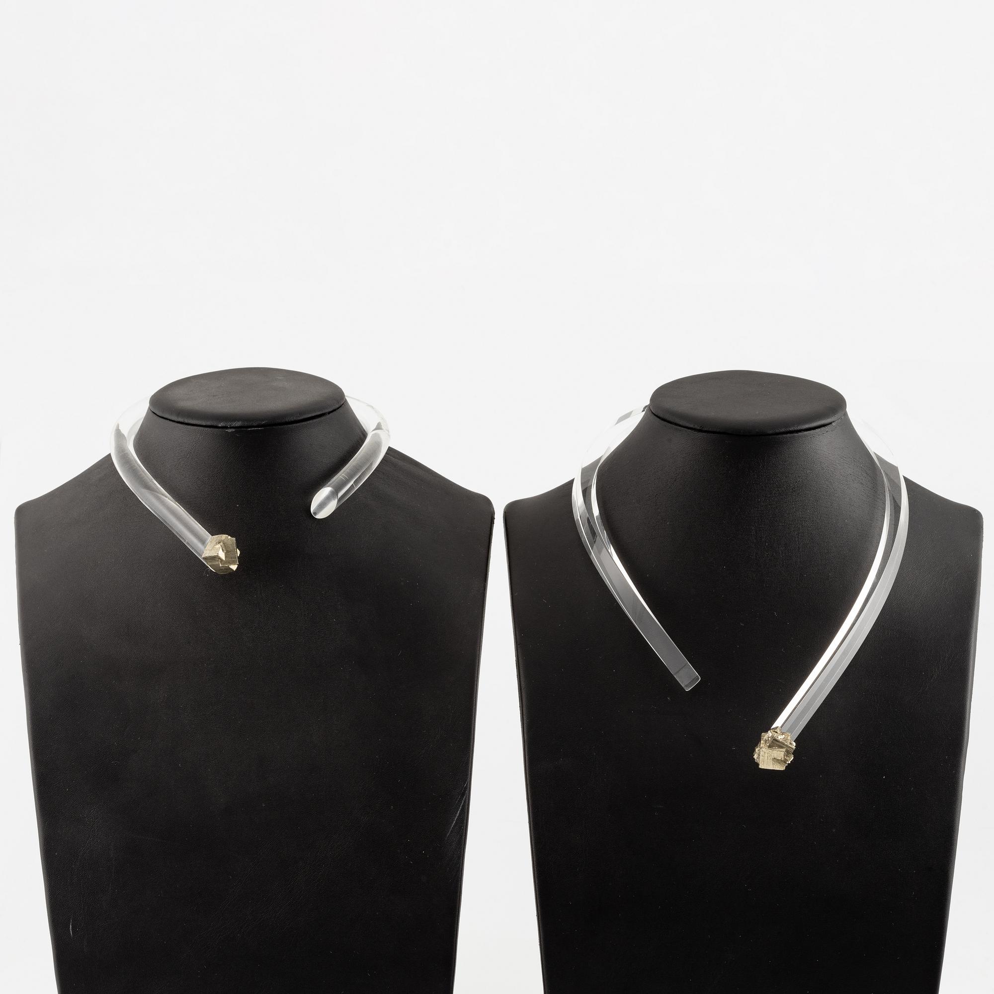 Siv Lagerström, collier, två stycken, akrylplast och pyrit.