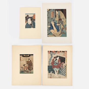 Utagawa Kunisada, three woodblock prints and Utagawa Kuniyoshi, woodblock print.