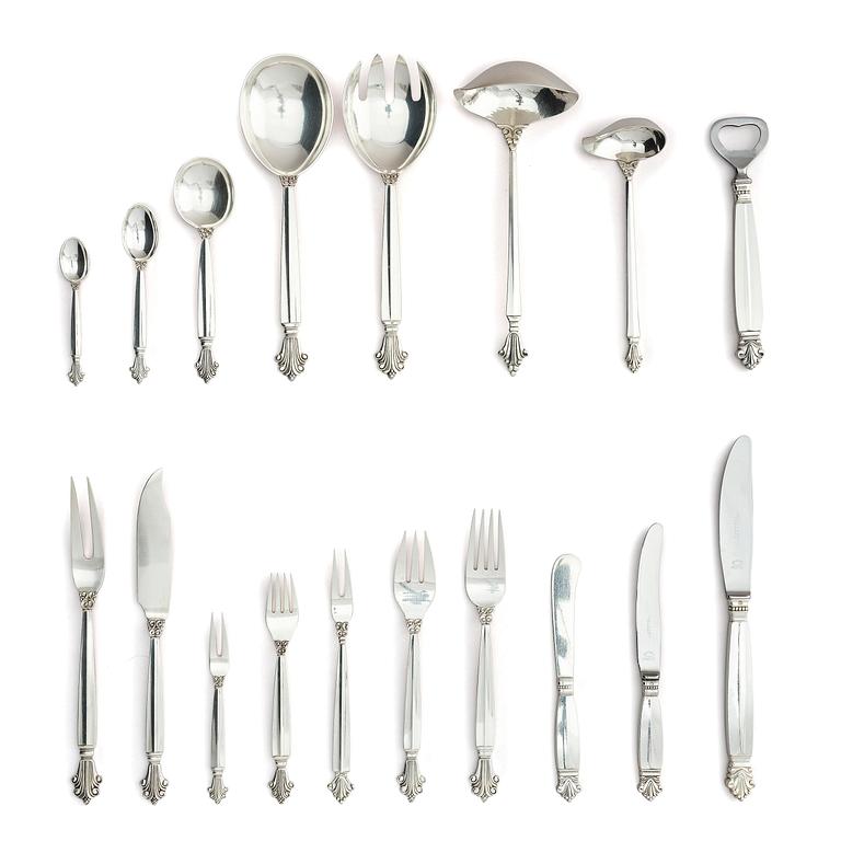 Georg Jensen, a set of 110 pieces of  'Dronning/ Acanthus' sterling silver flatware, design Johan Rohde, Copenhagen.