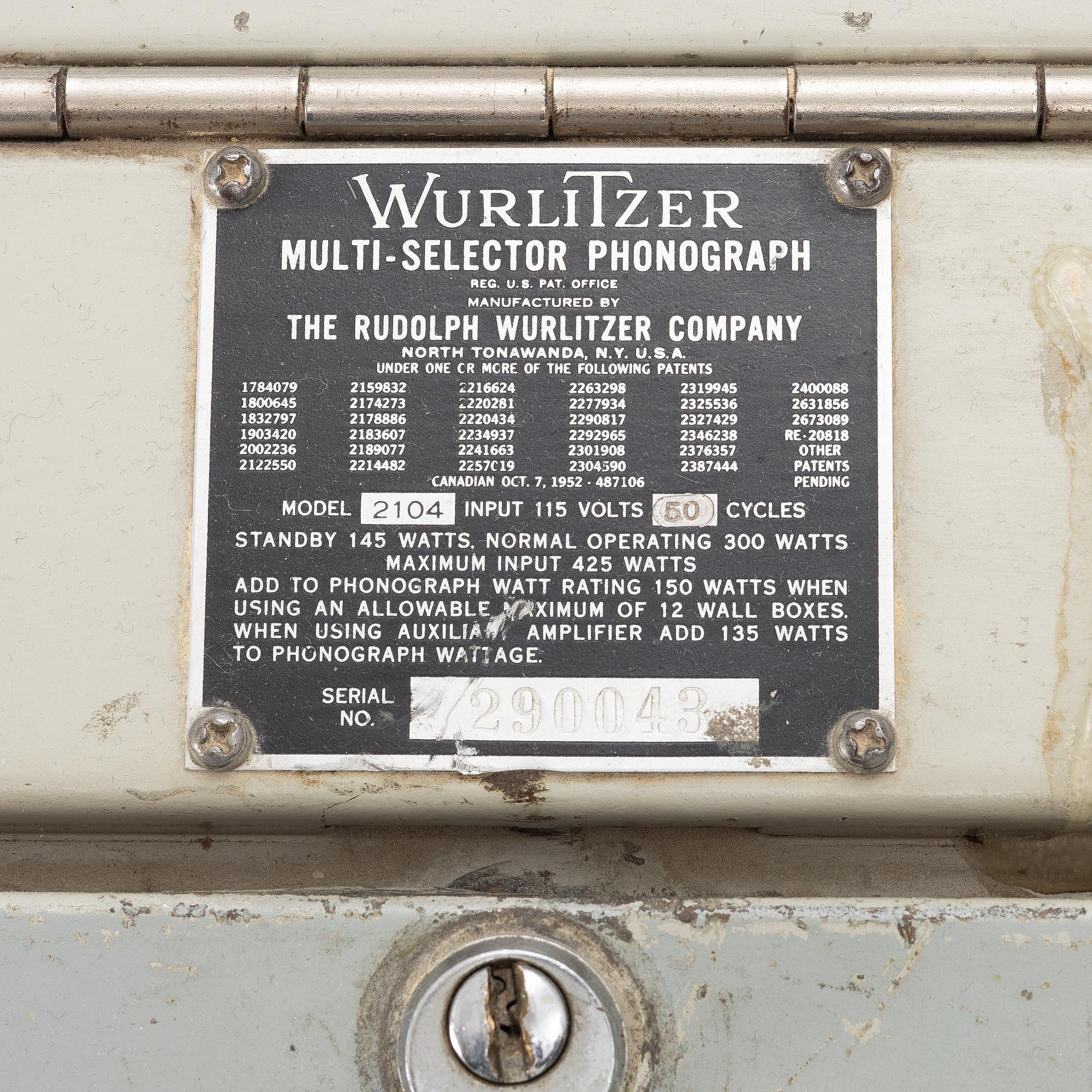Jukebox, Wurlitzer, modell 2104, Rudolph Wurlitzer Company, North Tonawanda, New York, USA, 1957.