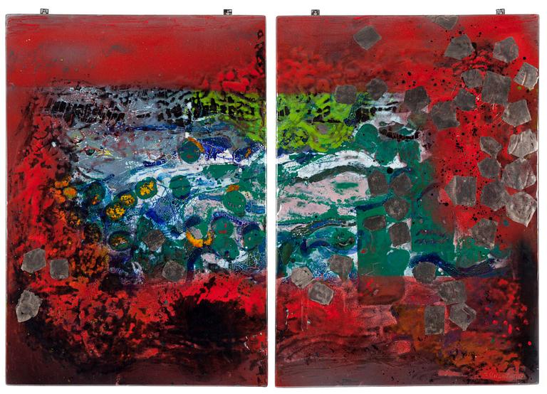 ERLAND MELANTON, enamel, diptych, signed E Melanton and dated -66.