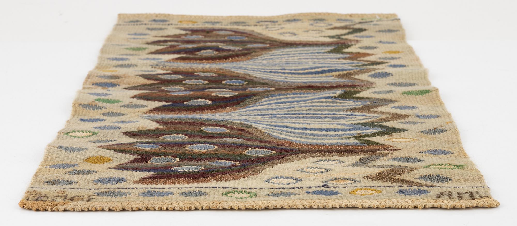 Ann-Mari Forsberg, a textile, "Blå crocus", a tapestry variant, ca 56 x 33 cm, signed AB MMF AMF.