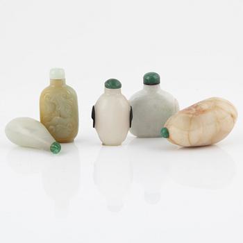 Five snuff bottles, China, 20th century.