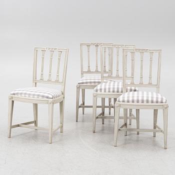 Three late Gustavian chairs, circa 1800. And one chair, late Gustavian style, 20th century.