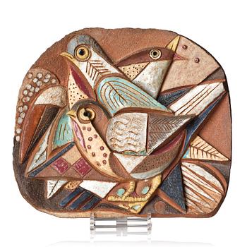 Tyra Lundgren, a stoneware wall relief, birds, own studio, Sweden.