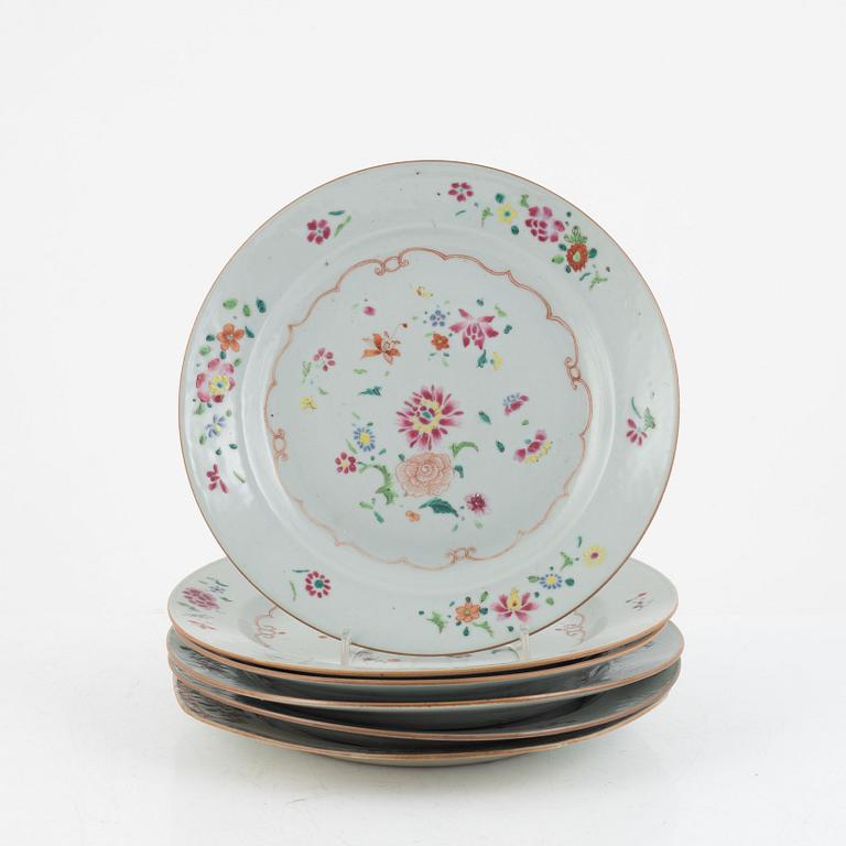 A set of five Chinese porcelain famille rose plates and one 'double peacock' plate, Qing dynasty, Qianlong (1736-95).