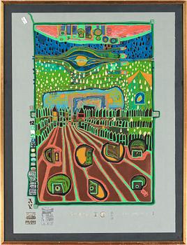 Friedensreich Hundertwasser · FRIEDENSREICH HUNDERTWASSER, färgseriegrafi, stämpelsignerad, otydligt numrerad.