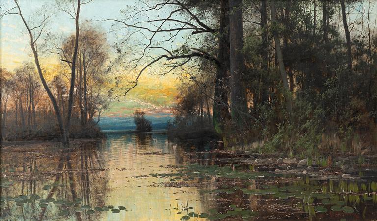 Arvid Mauritz Lindström, Twilight over the bay with water lilies.