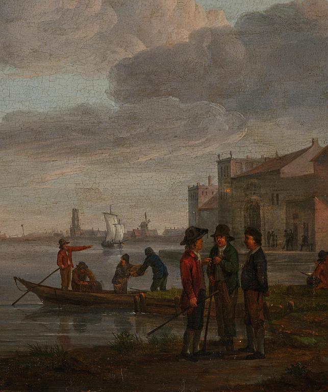 Marten Jacobus Waefelaerts, A river landscape with boats, figures, a castle and a town beyond.