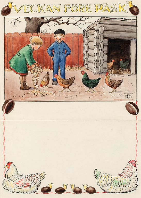 ELSA BESKOW, Akvarell och tusch. Signerad E.B.