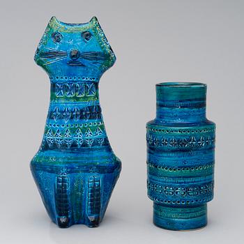 A Rimini blue ceramic sculpture and a vase by Aldo Londi for Bitossi, Italy early 1960s.