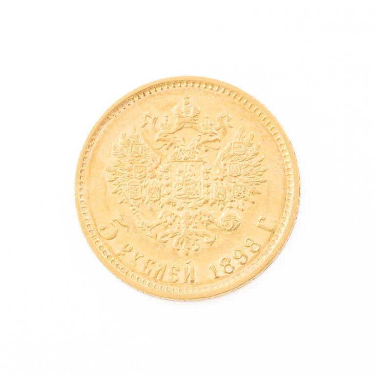 Gold coin, Nicholas II, Russia, 5 Rubles, 1898.