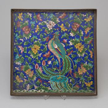 A chinese cloisonné tray, 20th century, and five enamel on copper cups, late 19th/early 20th century.