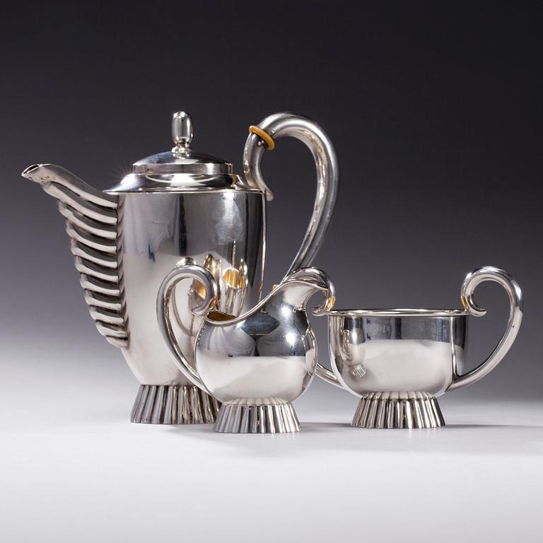 KAFFESERVIS, 3 delar, silver, finska kontrollstämplar 1952. Total vikt 785 g.