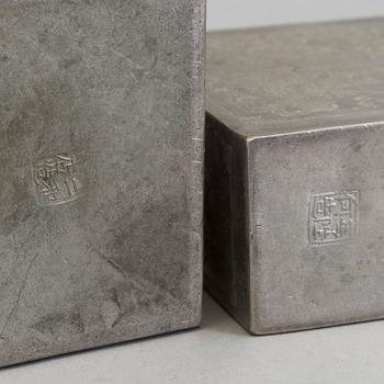 Three Chinese teacaddies in tin, Qing dynasty, 19th century.