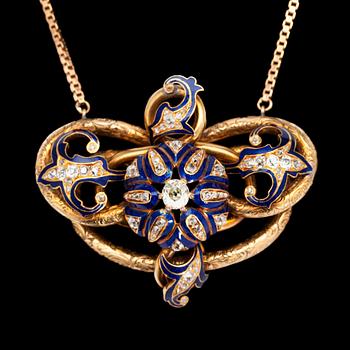 1311. An antique cut diamond, app. 0.85 cts, gold and blue enamel pendant, 19th century.