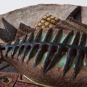 Tyra Lundgren, a stoneware relief 'The Skeleton fish', Sweden 1950's.