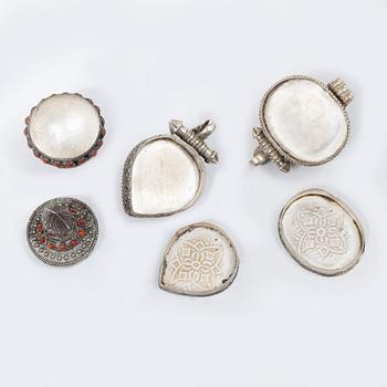A group of five silver boxes with covers, South East Asia, 20th century.