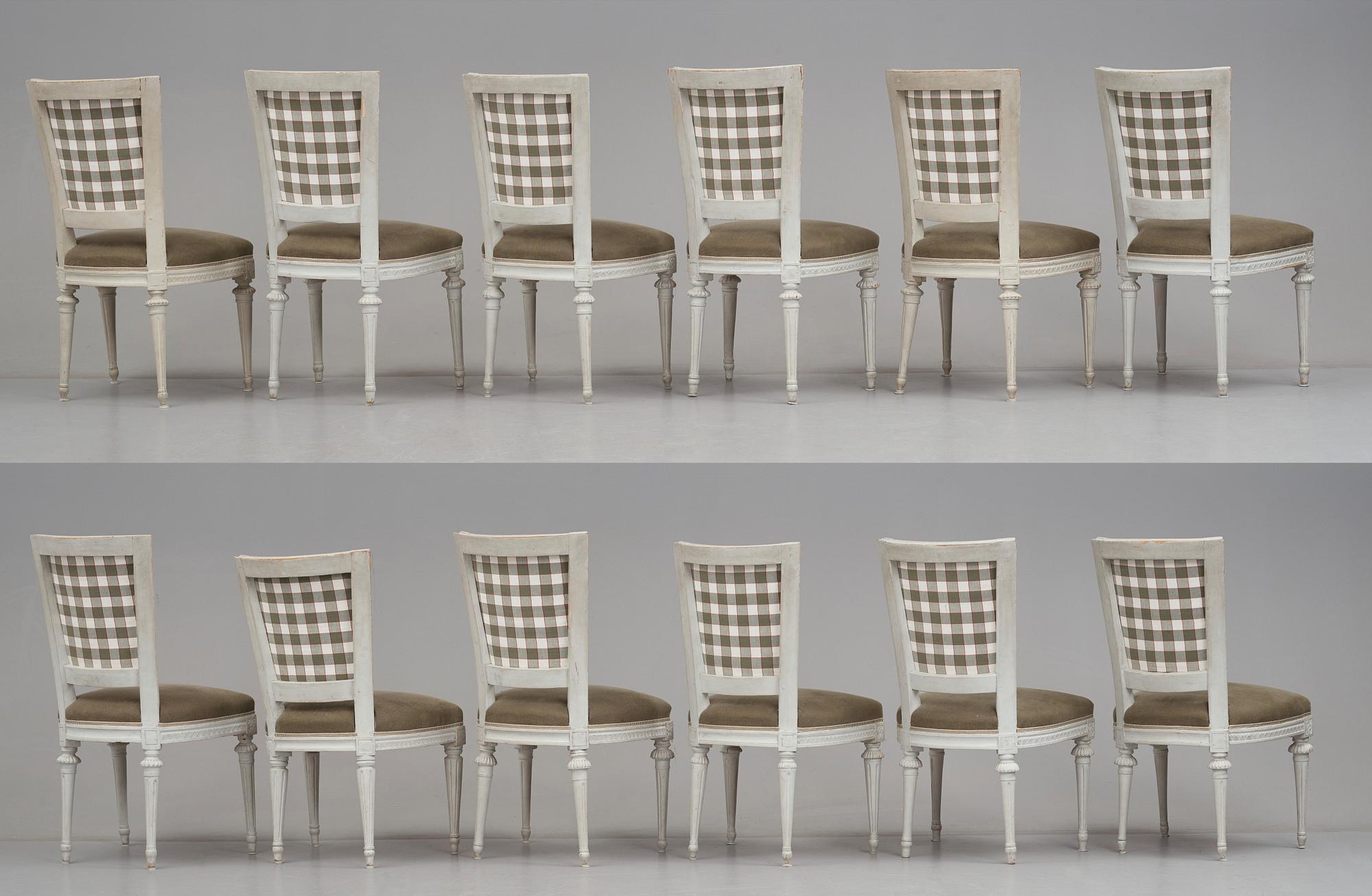 Stolar 12 stycken, av bl,a J Ruste, E Ståhl, J Lindgren, Stockholmsarbeten 1700-talets senare del, Sengustavianska.