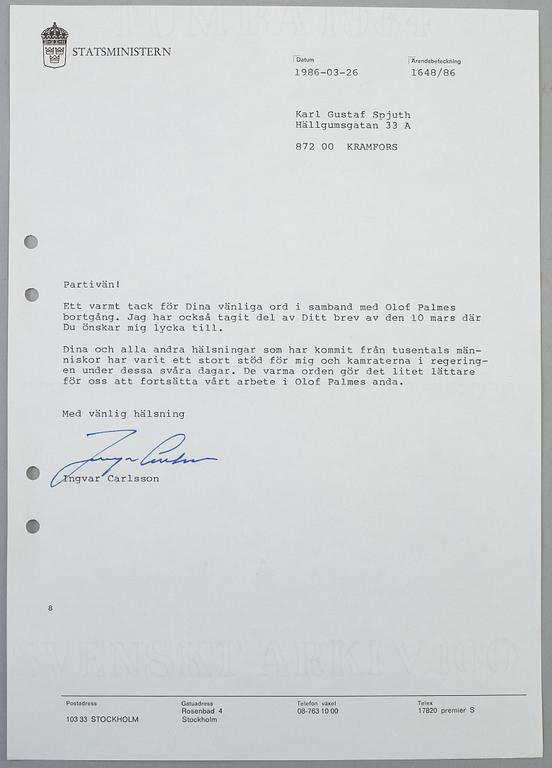 OLOF PALME. 18 hand signed letters dated September 1982-February 1986.