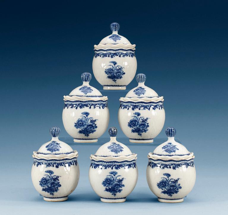 A set of six blue and white custard cups with covers, Qing dynasty, Jiaqing (1796-1820). (6).