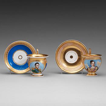 405. A pair of Russian Gardner Empire cups with stands, early 19th Century.