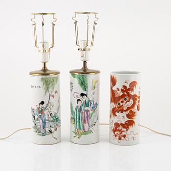 Two table lamps and a vase, porcelain, China, 20th century.